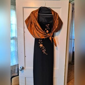 Vintage 90s black velvet dress with orange Embroidery and shawl